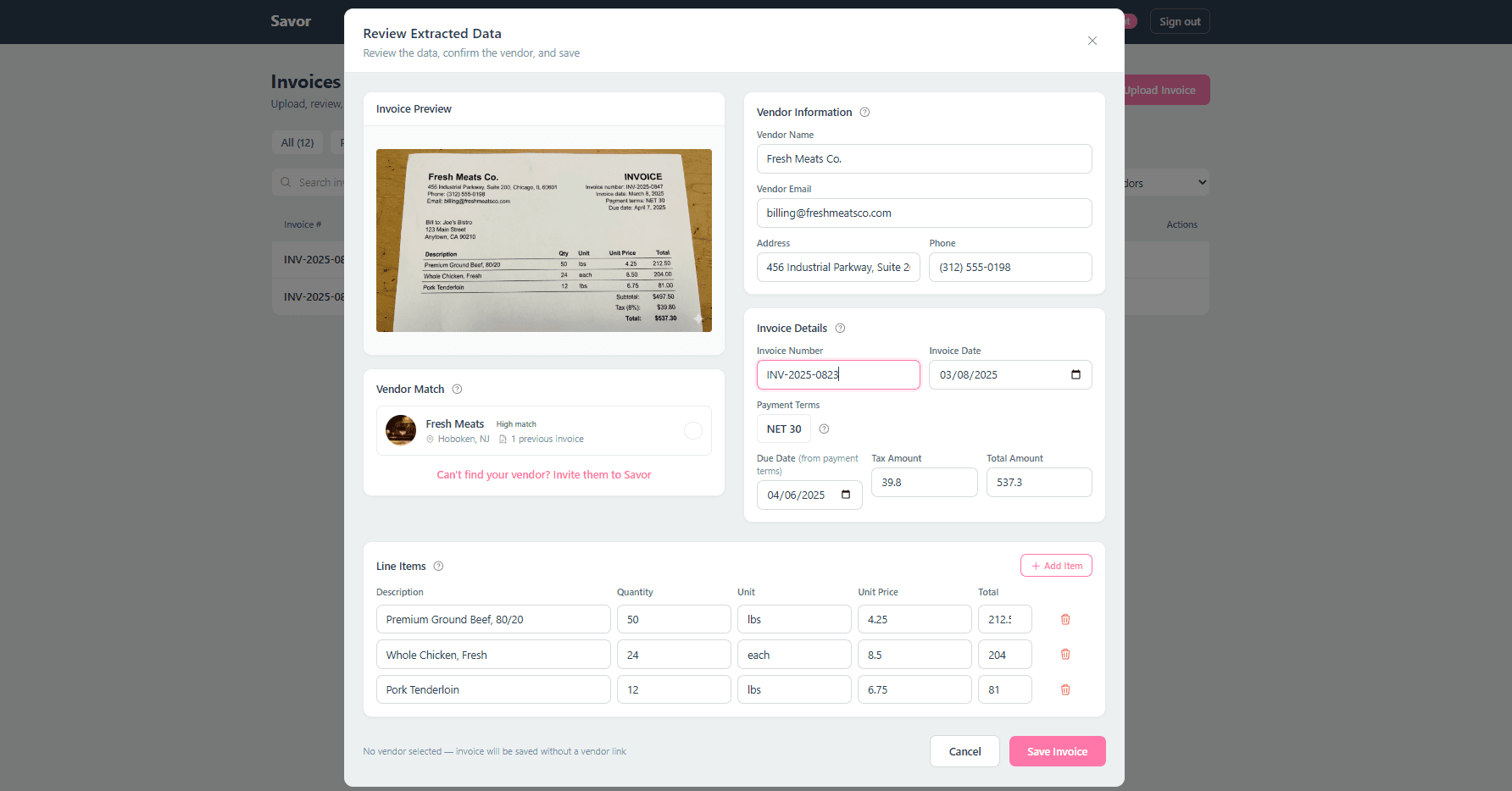 Savor AI invoice extraction in action
